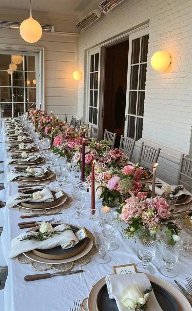 A long wedding reception table runs through a softly lit room, set with florals, taper candles and linen.